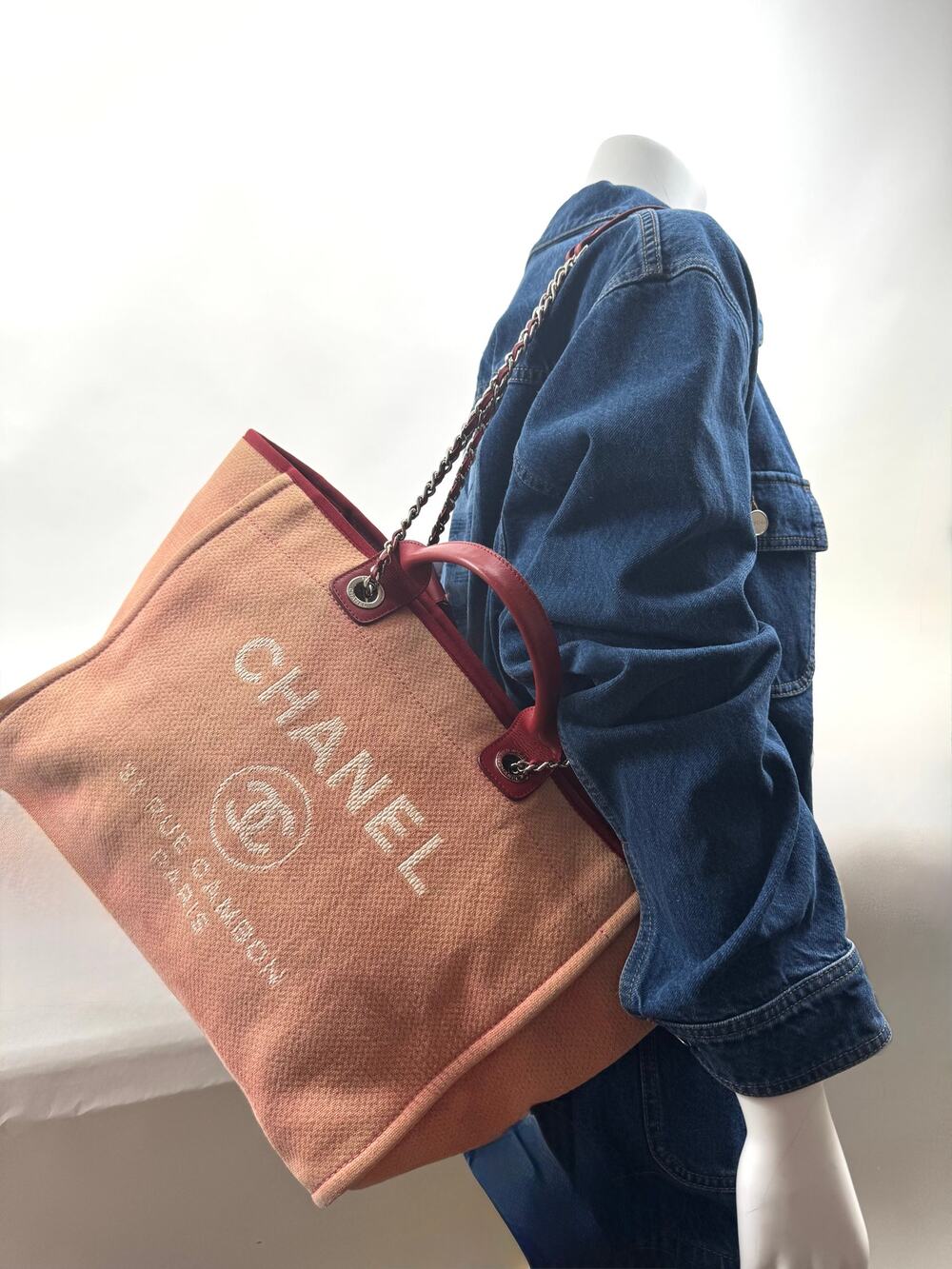 Chanel Deauville Large Size/faded pink denim w/red leather/silver/holo present